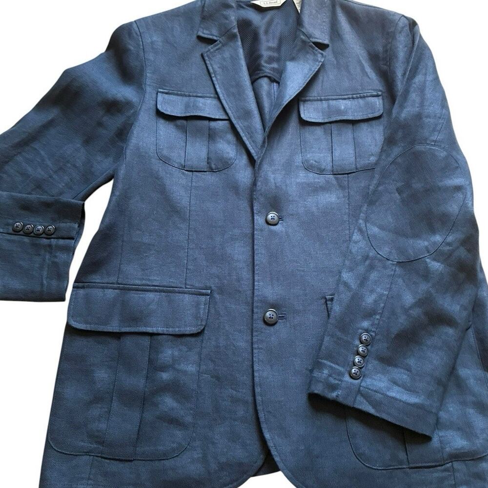 VTG LL Bean LINEN Jacket Men 42 Reg Field Safari Chore Coat Blazer Elbow Patches - Picture 15 of 16